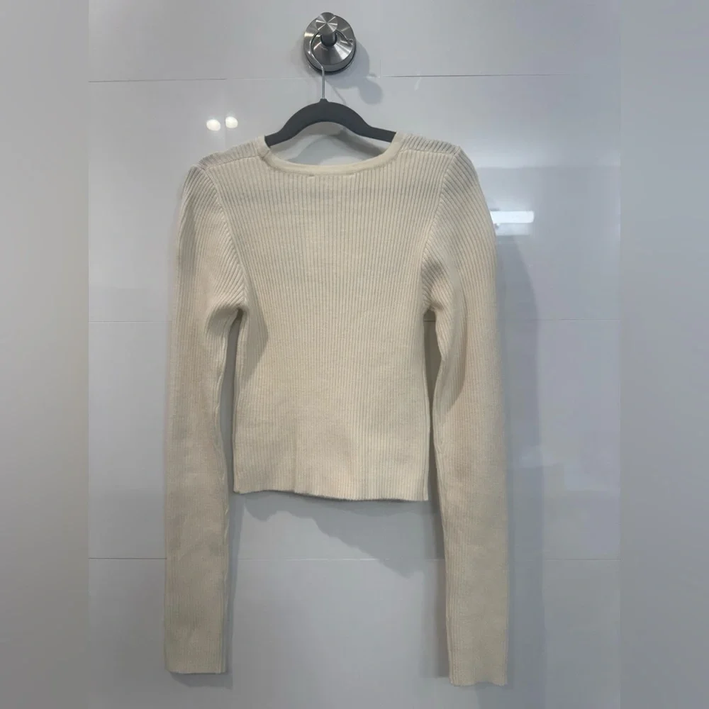 Double Zero Off White Ribbed Cut-Out Long Sleeve Crop Top Lightweight Sweater
